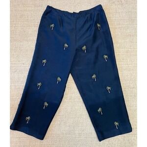 Vintage 100% Silk Cropped Pants Womens Sz 12 Blue Embroidered Palm Trees Beachy